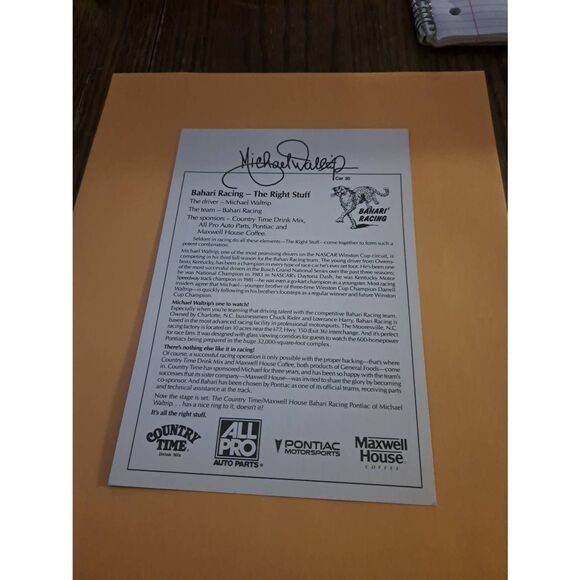 Vintage Michael Waltrip Country Time Racing Driver Card 8x5.5 NASCAR - Picture 2 of 2